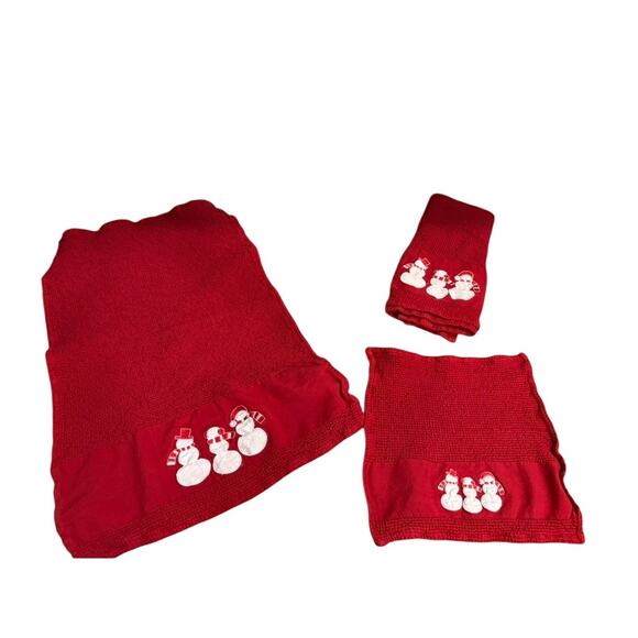 "CRATE & BARREL" Snowman Christmas Towel Set 2 Dishtowel 1 Dishcloth Red & White - Picture 3 of 11